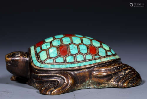 中國古代 措金銀 鑲綠松石 銅龜