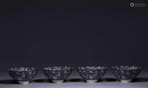 中國古代 花卉 茶盞 一組 四個