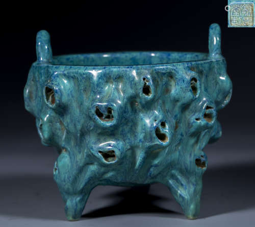 中國古代 松石釉 三足 沖天耳 奇形香爐