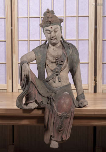中國古代 加彩 自在觀音坐像