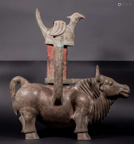 中國古代 措金銀 鳳凰棲神牛 燈盞