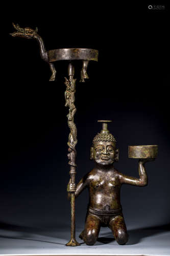 中國古代 貴人執杖 銅燈盞