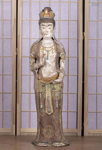 中國古代 加彩 陶觀音站像