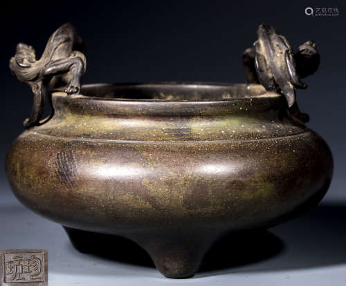 中國古代 珍玩款 螭龍耳 三足 香爐