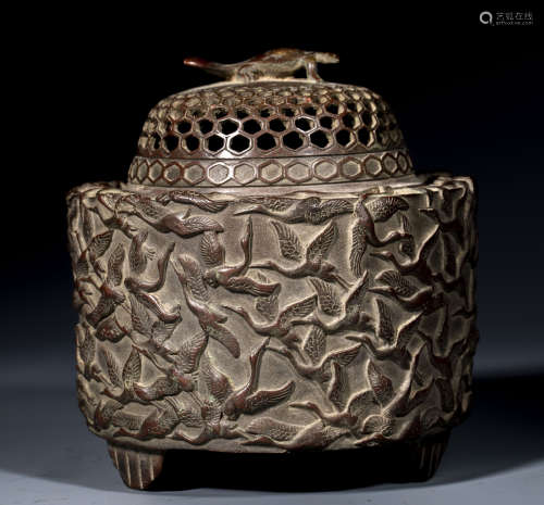 中國古代 三足 百鶴圖 鏤空香熏爐