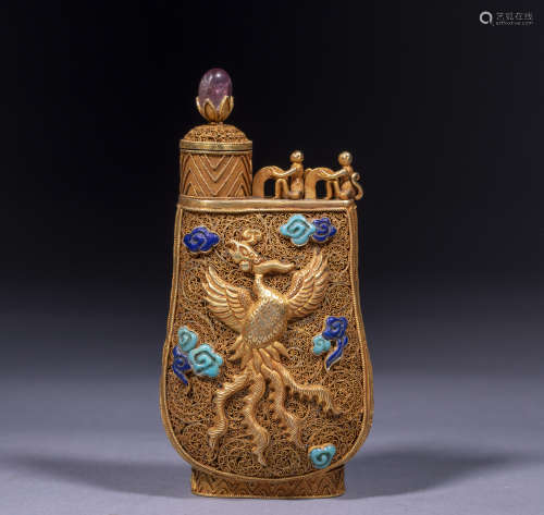 中國古代 純金 鑲寶石 鏤空 鳳紋 鼻煙壺壺