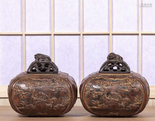 清代 康熙 雕寶壺 鏤空蓋 香熏 一對
