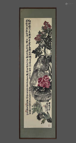 吳昌碩 精品（花卉圖） 老紙老實木鏡框