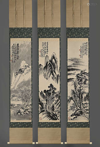 吳昌碩 精品（山水圖） 老紙綾裱三條屏立軸