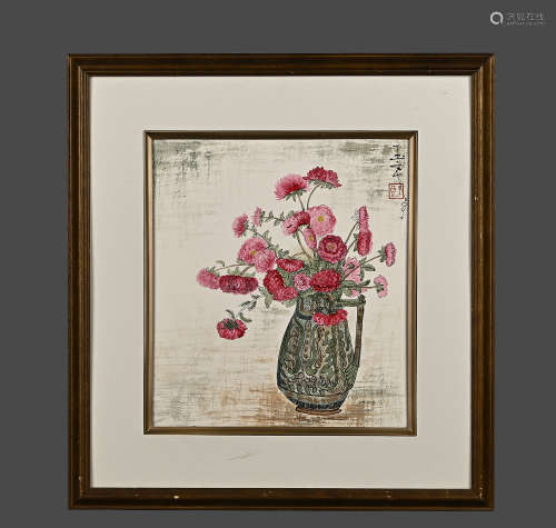 潘玉良 精品（花卉圖） 老紙實木老鏡框