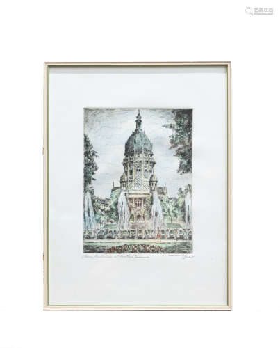 1984 德国当代画家孤本版画∣教堂风景手工上色版画