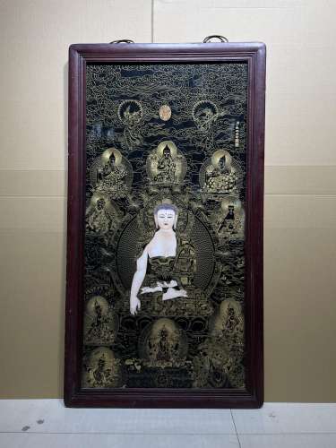 红木镶瓷板画珐琅掐丝唐卡中堂挂屏