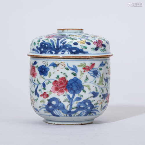 十八世纪 青花粉彩缠枝花卉纹盖缸