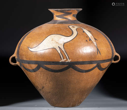 中國古代 飛鳥捕魚 陶罐