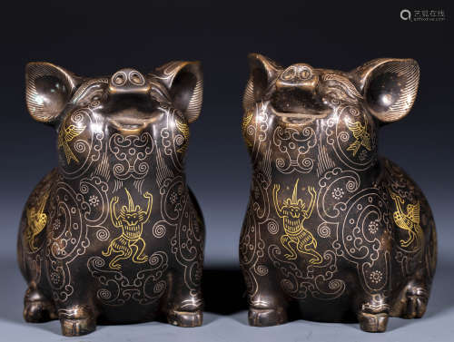 中國古代 措金銀 百獸紋 小豬 一對