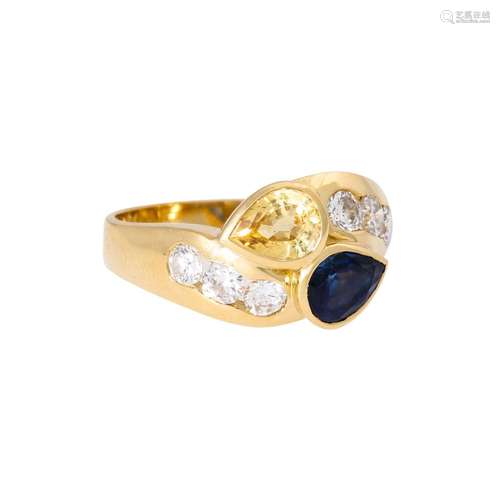 Ring mit 2 Saphirtropfen und 6 Brillanten zus. ca. 0,6 ct,