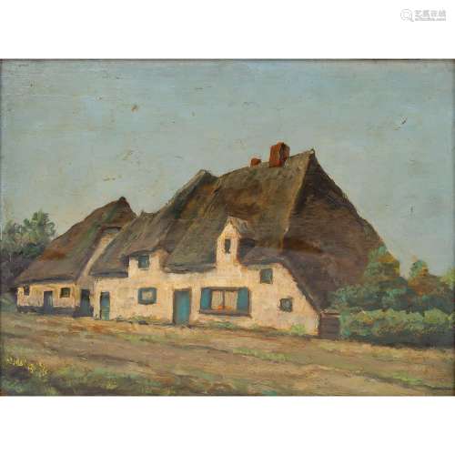 BOCK, THÉOPHILE DE (1851-1904) „Reetdachhäuser unter blauem ...
