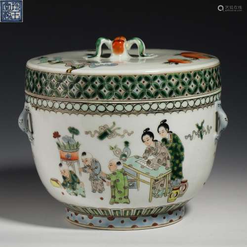 Qing Dynasty pastel jar with figure cover