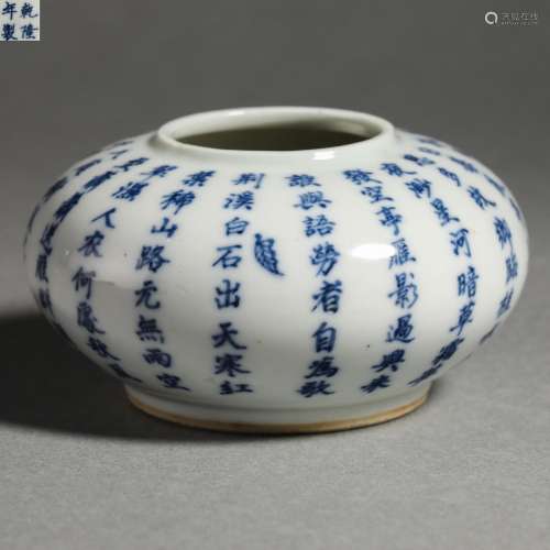 Qing Dynasty blue and white water vase