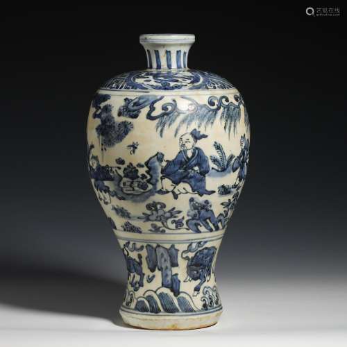 Ming Dynasty blue and white figure plum bottle