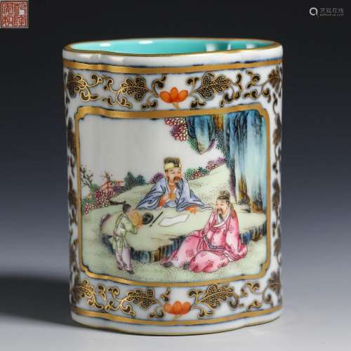 Qing Dynasty pastel gold painting character pen holder