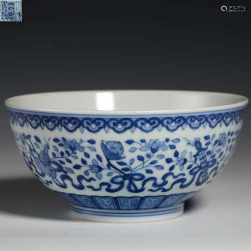 Qing Dynasty blue and white bowl with floral pattern