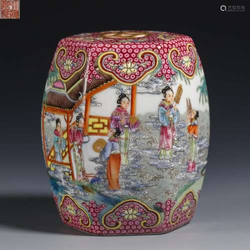 Qing Dynasty pastel figure drum stool