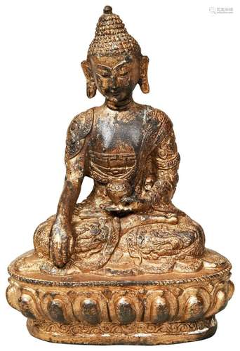 GILT BRONZE BUDDHA LATE QING DYNASTY seated on a lotus base ...