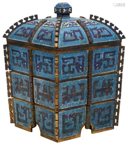 ARCHAISTIC CLOISONNE FOUR-TIERED SQUARE BOX AND COVER QING D...