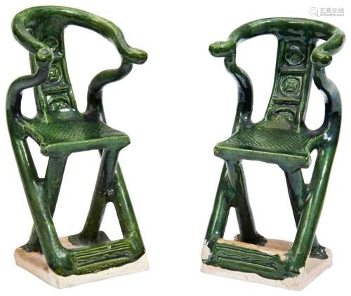RARE PAIR OF GREEN-GLAZED POTTERY MODELS OF FOLDING CHAIRS M...