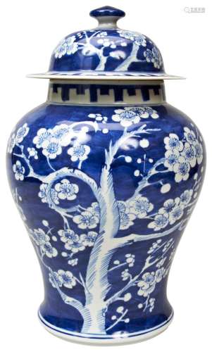 BLUE AND WHITE PRUNUS JAR WITH COVER 20TH CENTURY decorated ...