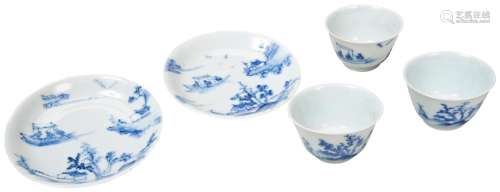 THREE BLUE AND WHITE WINE CUPS AND TWO SAUCERS YONGZHENG PER...