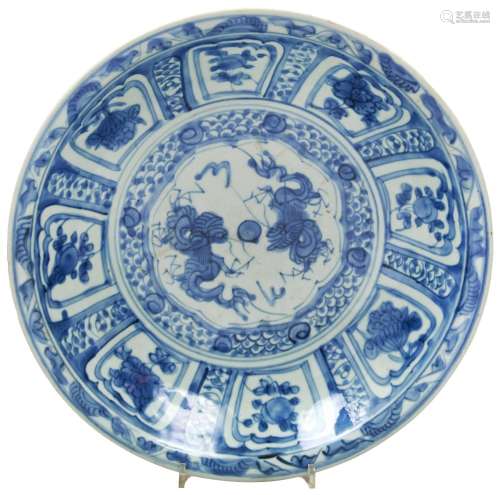 CHINESE SWATOW BLUE AND WHITE KRAAK-STYLE DEEP DISH 17TH CEN...