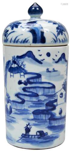 BLUE AND WHITE LANDCAPES CYLINDRICAL JAR AND COVER LATE QING...