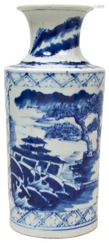 BLUE AND WHITE LANDSCAPES VASE LATE QING DYNASTY the cylindr...