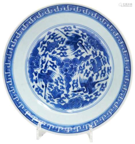 BLUE AND WHITE FLYING-CRANES DISH KANGXI PERIOD WITH SIX CHA...