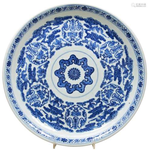 LARGE BLUE AND WHITE LOTUS AND SHOU CHARGER QIANLONG PERIOD ...