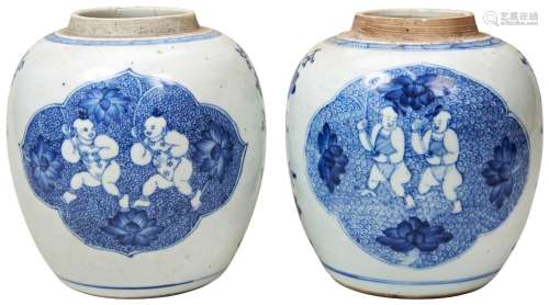 TWO BLUE AND WHITE BOYS GINGER JARS KANGXI PERIOD (1662-1722...