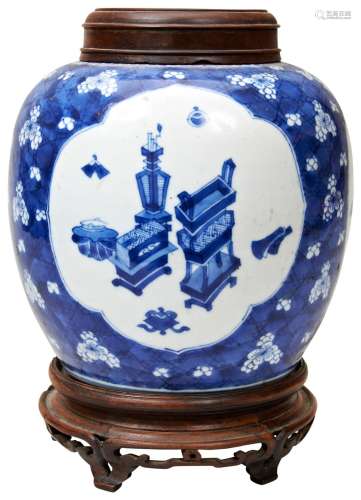 BLUE AND WHITE GINGER JAR WITH WOOD COVER & STAND KANGXI...
