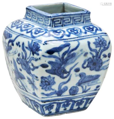 GOOD BLUE AND WHITE DUCKS AND LOTUS SQURE JAR LATE WANLI PER...