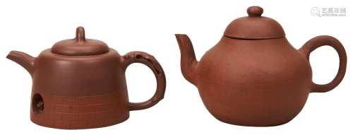 TWO YIXING POTTERY TEAPOTS LATE QING DYNASTY 8.5cm & 10c...