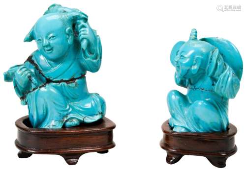PAIR OF CARVED TURQUOISE FIGURES OF BOYS LATE QING DYNASTY r...