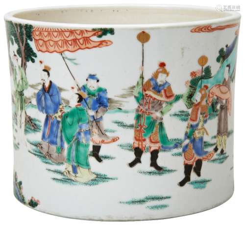 LARGE FAMILLE VERTE BRUSH POT QING DYNASTY OR LATER brightly...