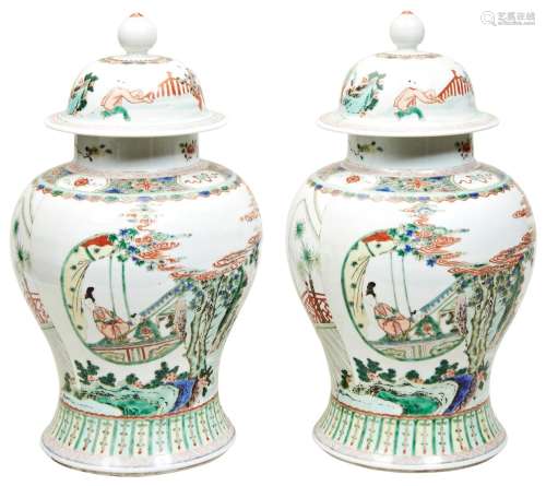 LARGE PAIR OF FAMILLE VERTE COVERED JARS 20TH CENTURY the ba...