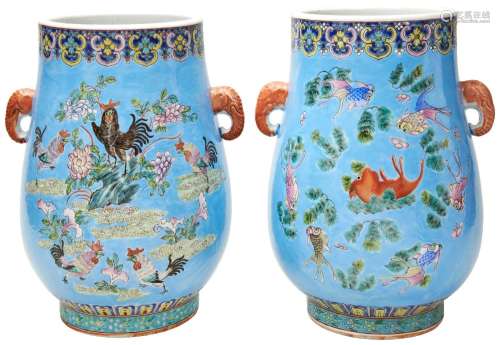 PAIR TURQUOISE-GROUND FAMILLE ROSE VASES, HU LATE QING / REP...