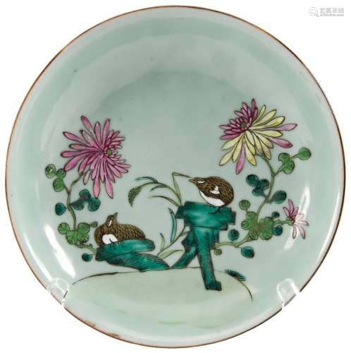 CELADON-GROUND FAMILLE ROSE QUAIL DISH QIANLONG BLUE SEAL MA...