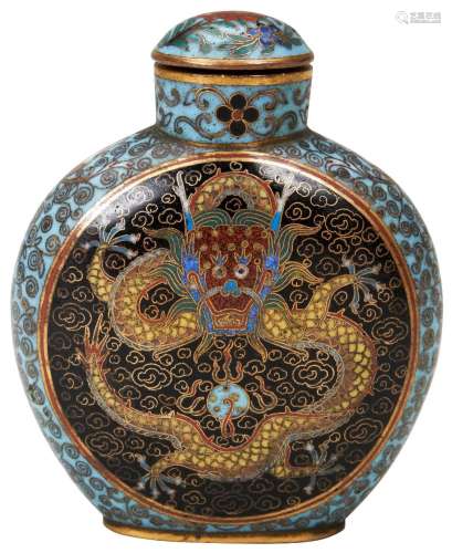 FINE CLOISONNE DRAGON SNUFF BOTTLE AND STOPPER LATE QING / E...