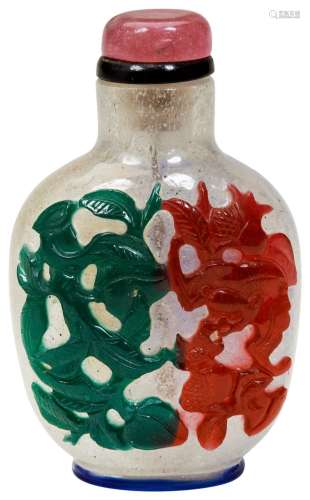 FOUR COLOUR GLASS-OVERLAY SNUFF BOTTLE QING DYNASTY, 19TH CE...