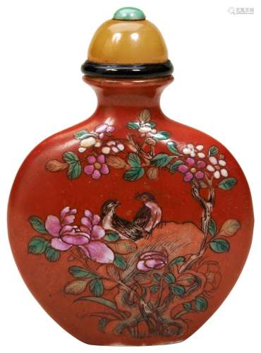 FAMILLE ROSE CORAL-RED GROUND SNUFF BOTTLE QING DYNASTY, 19T...