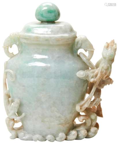 CARVED JADEITE VASE AND COVER 20TH CENTURY the flattened bal...